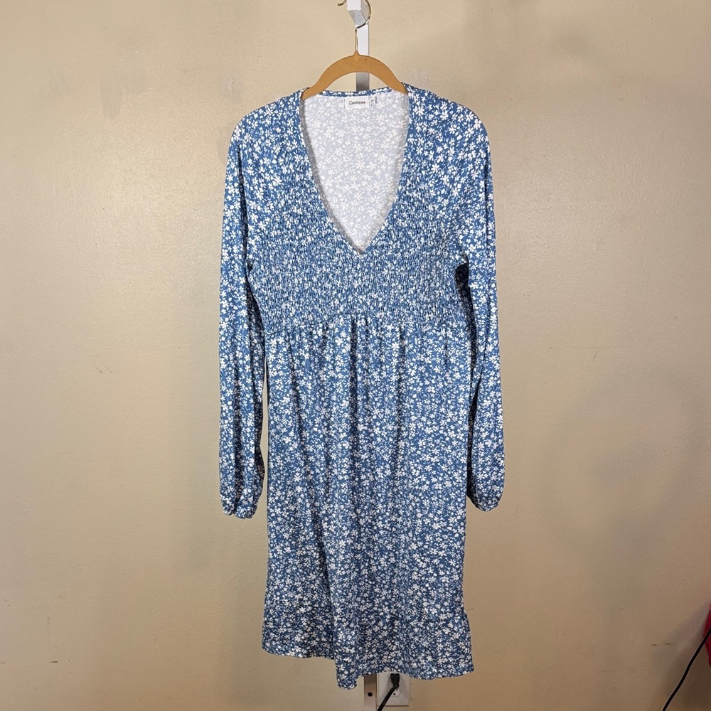 Coolmee Blue Floral V-Neck Long Sleeve Dress Large